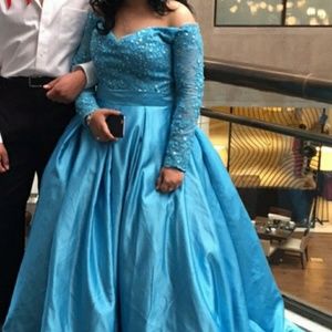 Ice Blue Off the Shoulder Beaded Prom Gown w/Train